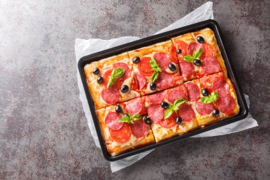 İtalyan fast food, mozzarella sosisli, zeytinli ve domatesli dikdörtgen pizza. Yukarıdan yatay üst görünüm