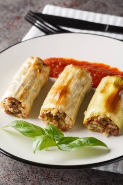 Et, pirinç ve sebzeyle doldurulmuş pırasalı cannelone. Masadaki tabakta domates sosuyla servis ediliyor. Dikey