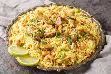 Fındıklı Kacchi Biryani, kuru üzüm, tabakta kızarmış soğan yakın plan. Yatay