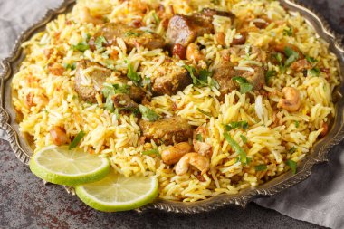 Fındıklı, kuru üzümlü, kızarmış soğanlı, neşeli pilav Kacchi Mutton Biryani masanın üstünde. Yatay