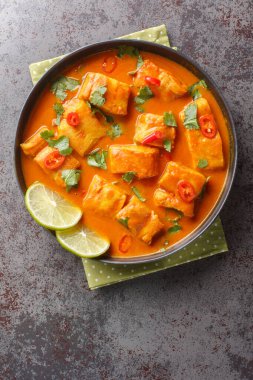 Hindistan cevizi, domates ve Asya baharatlarıyla kokulu balık fileto tabağı. Yukarıdan dikey üst görünüm