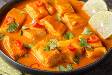 Asya baharatlı hindistancevizli domates balığı köri tabağı masanın üstünde. Yatay