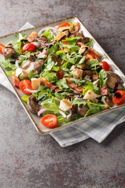 Taze kızarmış tavuk salatası roka, soğan, domates, kızarmış ekmek ve domuz pastırması. Dikey