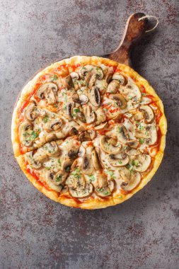 Taze portobello mantarlı pizza, mozzarella, sarımsak, domates ve maydanozu masaya yakın plan koyun. Yukarıdan dikey üst görünüm