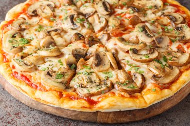 Pizza ai funghi ya da domates soslu pizza, mozzarella, otlar ve yakın plan sarımsak masanın üzerinde. Yatay