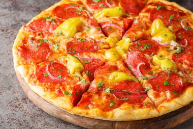 Salamlı, otlu ve kırmızı soğanlı Pepperoncini Pizza. Masadaki tahta tahtaya yakın plan. Yatay
