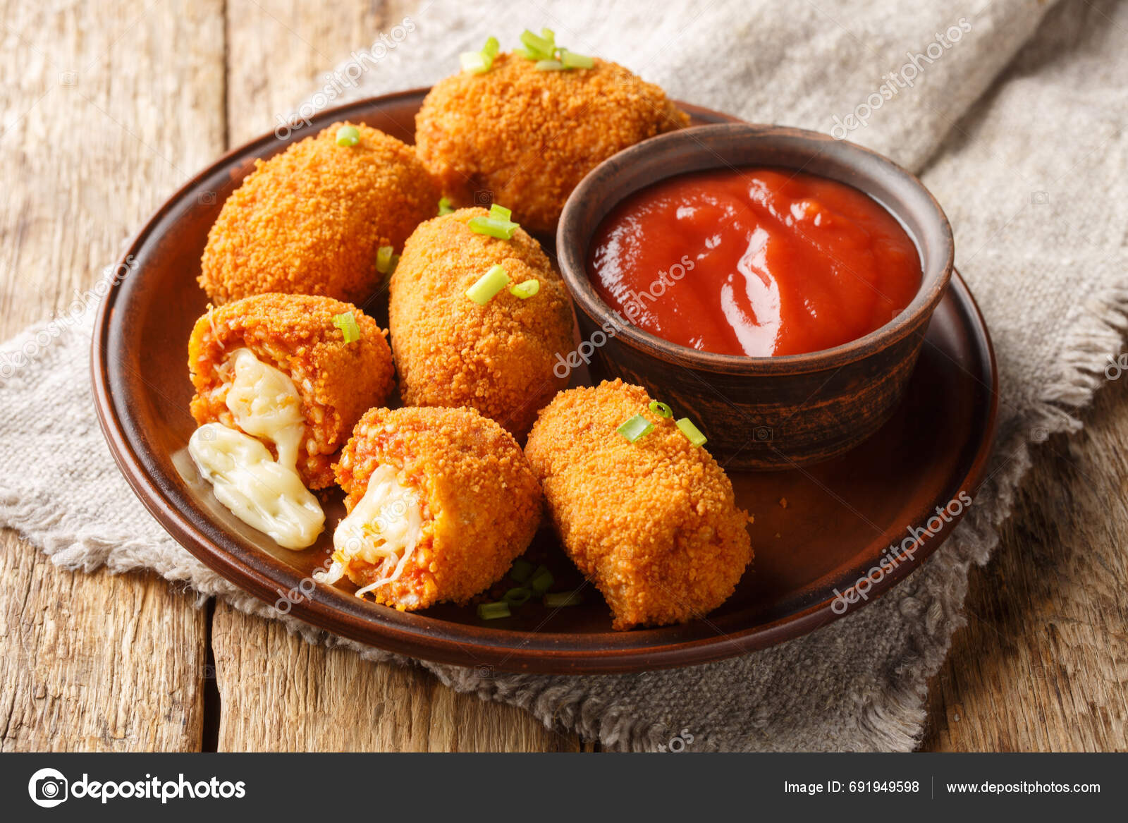 Italian Rice Balls Stuffed Mozzarella Cheese Deep Fried Closeup Plate