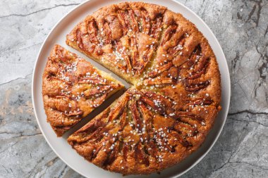 Elmalı tarçınlı pasta geleneksel İskandinav sonbahar pastası masanın üzerinde yakın plan bir tabakta. Yukarıdan yatay üst görünüm