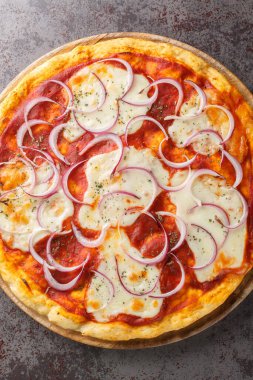 Pugliese Pizzası üzerine domates sosu, mozzarella ve masanın üzerindeki ahşap tahtada kırmızı soğan yakın plan pizza. Yukarıdan dikey üst görünüm