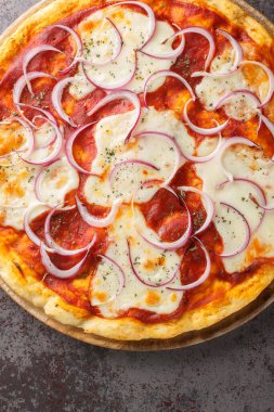 Geleneksel Pugliese pizzası Apulian mozzarellasından yapılmıştır. Masanın üzerinde domates ve soğan kaplaması vardır. Yukarıdan dikey üst görünüm