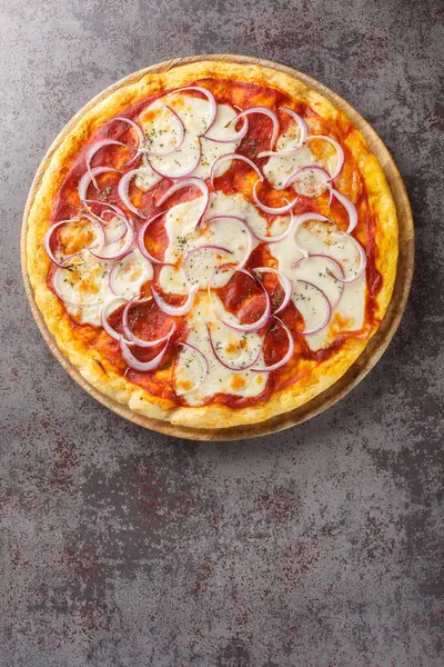 Pizza pugliese, İtalyan mutfağında domates, soğan ve mozzarella ile hazırlanmış bir pizza türüdür. Yukarıdan dikey üst görünüm