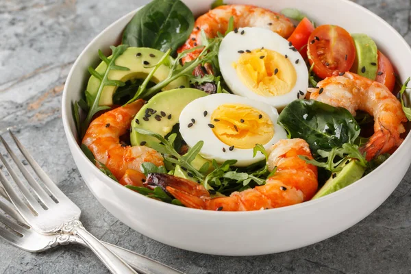 Karides, avokado, roka, ıspanak, domates ve kaynamış yumurtayla hazırlanmış kahvaltı salatası. Yatay