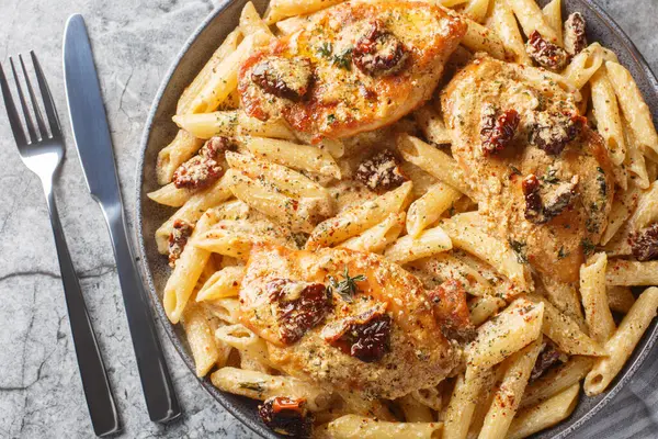 American Marry Chicken Pasta Sun Dried Tomatoes Cheese Herbs Aromatic Stock Image