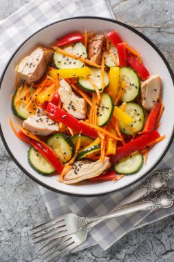 Salatalıklı tavuk salatası, biber, havuç ve susam tohumları masanın üstünde yakın plan. Yukarıdan dikey üst görünüm