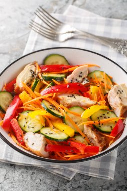 Salatalıklı tavuk salatası, biber, havuç ve susam tohumları masanın üstünde yakın plan. Dikey