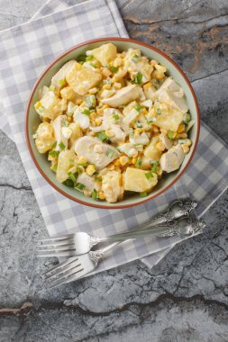 Ananaslı tavuk salatası, mısır, peynir, yumurta ve mayonez kaplı soğan. Yukarıdan dikey üst görünüm