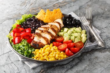 Tavuk, mısır, biber, zeytin, avokado, domates ve soğandan oluşan güneybatı salatası masanın üstünde. Yatay