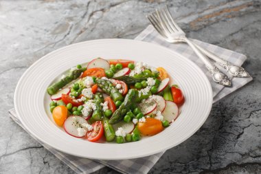 Sebzeli kuşkonmaz salatası, taze turp, vişneli domates, yeşil bezelye ve masada yakın plan keçi peyniri. Yatay