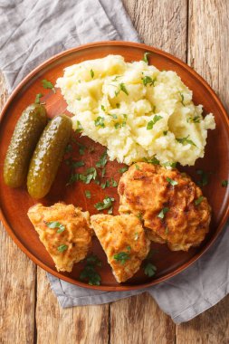 Holandsky rizek Czech Dutch veya Holland Schnitzel, rendelenmiş peynirli ve patates püresi ile servis edilen kızarmış domuz şnitzel. Yukarıdan dikey üst görünüm