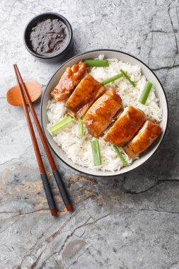 Soya soslu tavuk, soya sosunda kaynatılmış geleneksel bir Çin yemeğidir. Çeşitli baharatlar ve pirinç ve sosla servis edilir. Yukarıdan dikey üst görünüm