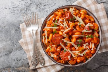 Kremalı Gochujang Makarnası Kore ve İtalyan mutfağının peynirli, parmesan peynirli ve tabakta yakın plan sosisli bir karışımı. Yukarıdan yatay üst görünüm