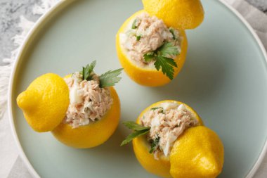 Limonlu atıştırmalık. Masadaki tabakta konserve ton balığı, yumurta, salatalık ve krema. Yukarıdan yatay üst görünüm