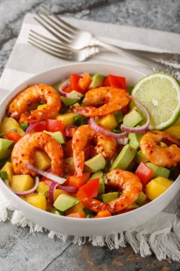 Kırmızı soğanlı taze mango karides salatası, biber ve avokado yakın plan bir kasede masanın üzerinde. Dikey