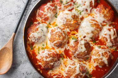 Domates soslu Gratin köftesi, mozzarella peyniri ve masada parmesan peyniri. Yukarıdan yatay üst görünüm