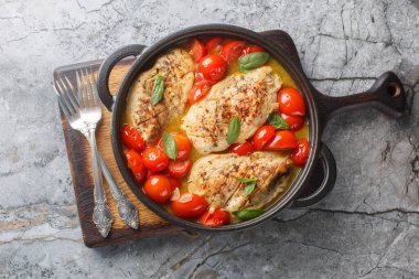 Tavuk Pomodoro, kiraz domatesleri ile taze domates sosuna batırılmış yumuşak göğüsler ve masanın üstündeki tavada taze bitki özü ile yapılan bir İtalyan yemeğidir. Yukarıdan yatay üst görünüm