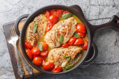 İtalyan tavuk filetosu soğan, sarımsak ve domatesle pişirilmiş. Yukarıdan yatay üst görünüm