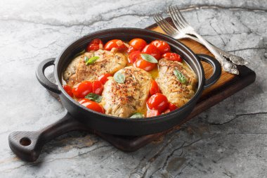 Homemade spicy chicken fillet stewed with onions, garlic and tomatoes close-up in a frying pan on the table. Horizonta clipart