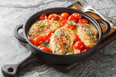 Tavuk Pomodoro, kiraz domatesleri ile taze domates sosuna batırılmış yumuşak göğüsler ve masanın üstündeki tavada taze bitki özü ile yapılan bir İtalyan yemeğidir. Yatay