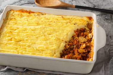 Etsiz mantarsız çoban pastası. İçinde mercimek, soğan, domates ve havuç var. Yatay