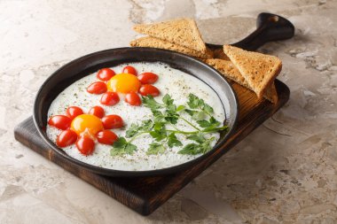 Çocuk maması fikri, kızarmış yumurta, vişneli domates ve maydanozu masaya yakın planda koymak şeklinde. Yatay