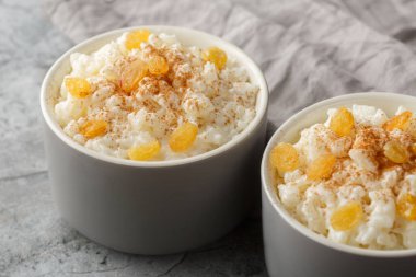 Tarçınlı klasik sütlü sütlü sütlü sütlü puding ve Ramekin on Table 'ın en yakın planında altın üzümlü. Yatay