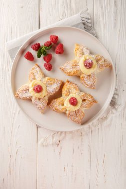 Vanilyalı muhallebi ve taze ahudududuları masaya yakın bir tabakta. Yukarıdan dikey üst görünüm