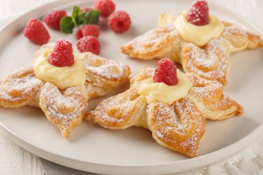 Vanilyalı muhallebi ve taze ahudududularla dolu şenlikli poğaça hamur tatlısı. Yatay