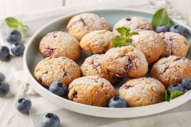 Yumuşak yaban mersinli kurabiyeler taze yaban mersinli ve limon özü aromalı. Masanın üzerindeki kasede yakın plan. Yatay