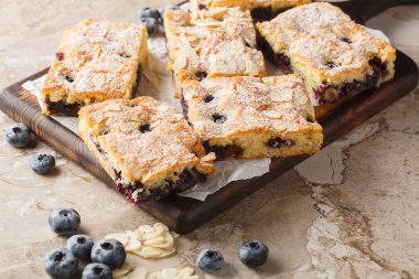 Masadaki tahtanın üzerindeki her ısırıkta fındıklı badem tadında yaban mersinli kek ve sulu yaban mersini. Yatay