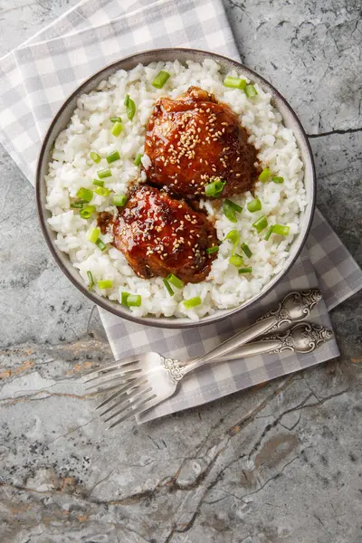 Lezzetli shoyu tavuğu sade soya ve esmer şeker soslu ve tabağın üzerindeki beyaz pirinç kaplamalı. Yukarıdan dikey üst görünüm