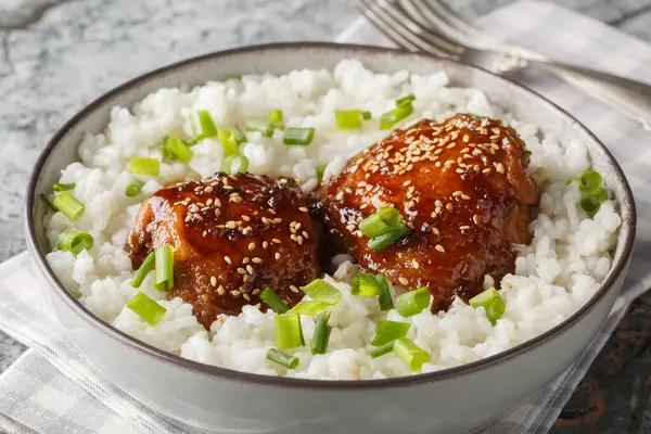 Japon yapımı fırında pişirilmiş tavuk budu, Shoyu tabanlı bir sosta kaynatılmış ve tabağın üzerinde beyaz pirinç kaplaması var. Yatay