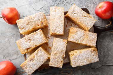 Autumn American Applesauce cake dusted with powdered sugar close-up on a wooden board on the table. Horizontal top view from abov
