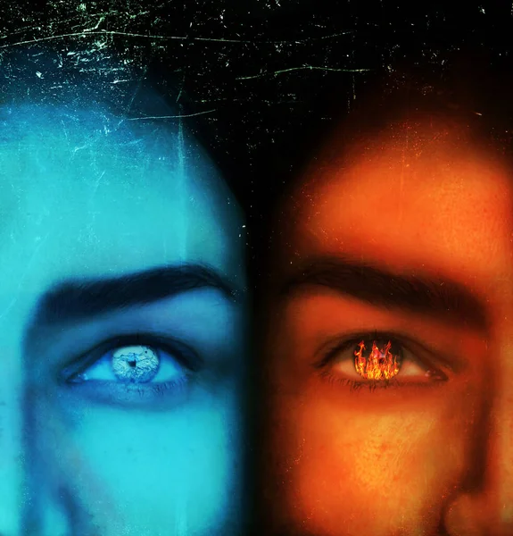 Two opposing faces - water and fire - hot and cold - red and blue