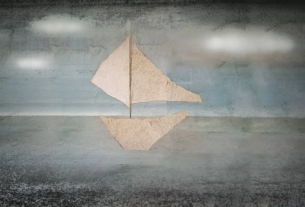 Artystyczna Ilustracja Kolażu Materiałowego Przedstawiającego Żaglówkę Pływającą Morzu — Zdjęcie stockowe
