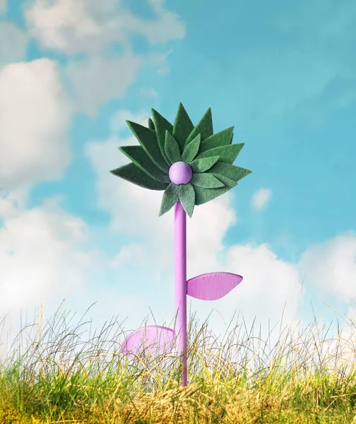Kreatív Kép Élénk Színekkel Képviseli Egy Stilizált Virág Kék Felhők — Stock Fotó