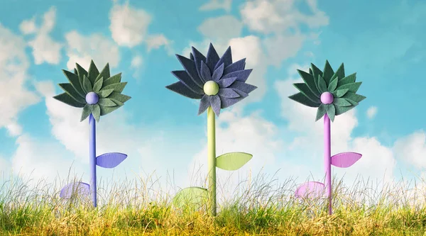 Kreativní Obraz Jasnými Barvami Představující Tři Stylizované Květiny Dřevě Trávou — Stock fotografie
