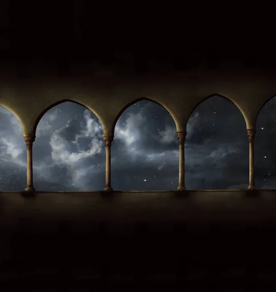 Yıldızlı Gece Gökyüzü Bulutlu Dört Sütunlu Kemerin Şiirsel Gizemli Görüntüsü — Stok fotoğraf