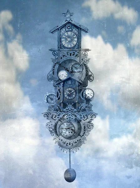 钟摆钟 的美丽而独具匠心的图像 背景是乌云密布的天空 图库照片