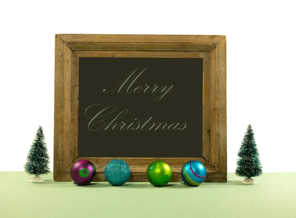Modern Christmas Tree Decor Blackboard Merry Christmas Baubles Grain Floor — Stock Photo, Image