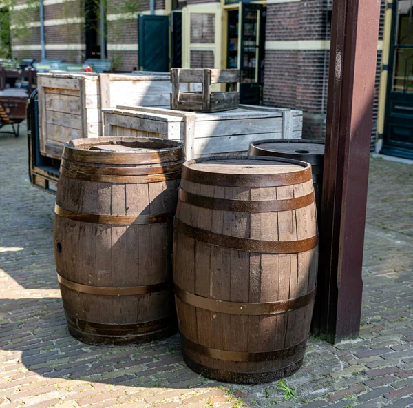 Two Old Wooden Wine Barrels Shower Restaurant Summers Day Sun — Stock Photo, Image